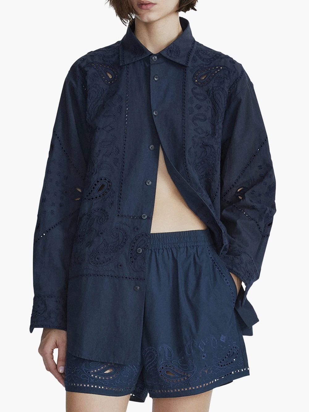 Rag & Bone Vivian Embroidered Eyelet Paisley Button Down Cotton Shirt Navy XL
